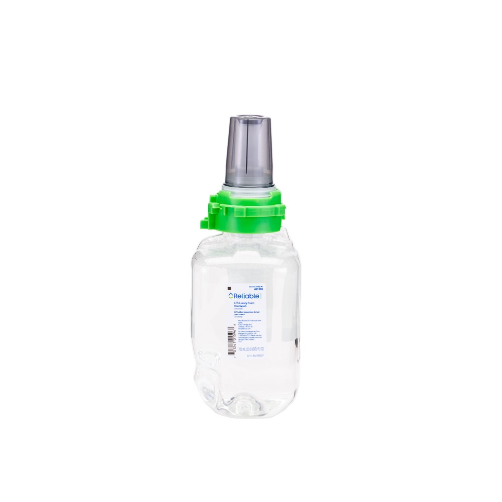 A clear plastic bottle with a green cap and a gray nozzle, used for dispensing liquid. Reliable Brand® Clear Unscented Luxury Foam Slim Handwash (700 ml., 4 Bottles/CS)